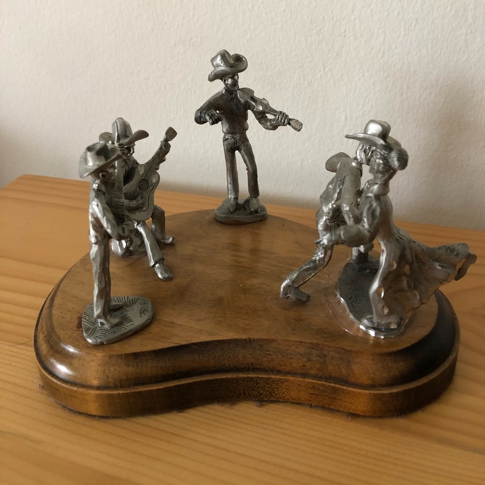 Vintage B. Kay Pewter Cowboy Square Dancers Figurines Wooden Base Collectibles